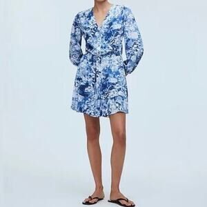 Madewell Floral Tie Waist Mini Crepe Shirt Dress Women's 4 Blue